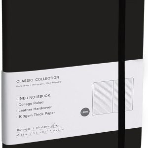 Lined Journal Notebook, (Black), 160 Pages, Medium 5.7 inches x 8 inches - 100 gsm Thick Paper, Hardcover