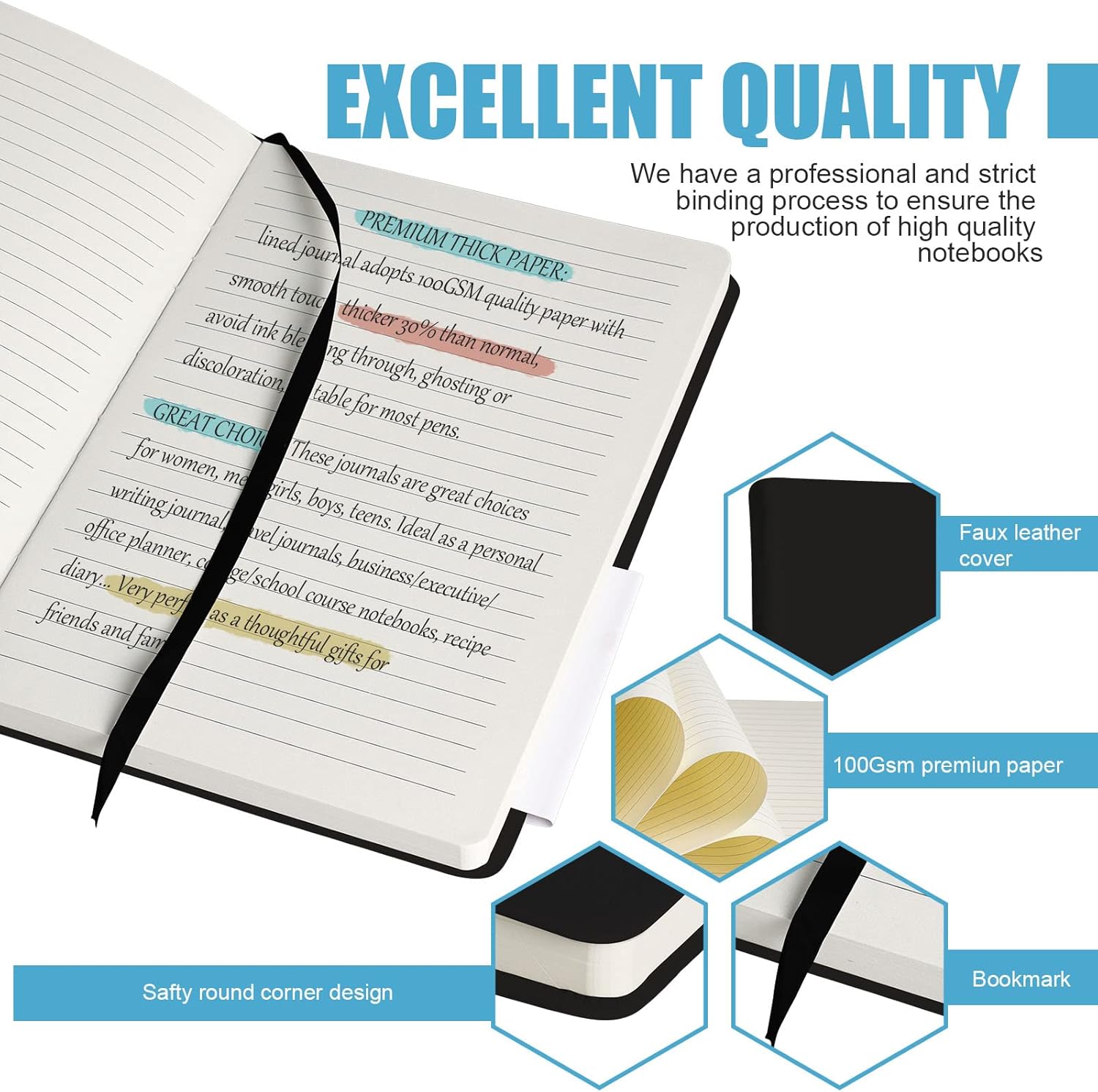 Lined Journal Notebook, (Black), 160 Pages, Medium 5.7 inches x 8 inches - 100 gsm Thick Paper, Hardcover - Image 3