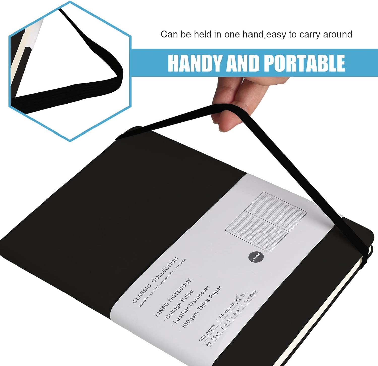 Lined Journal Notebook, (Black), 160 Pages, Medium 5.7 inches x 8 inches - 100 gsm Thick Paper, Hardcover - Image 5